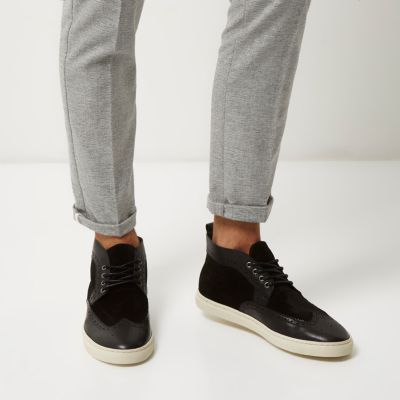 Black leather and suede brogue hi-tops